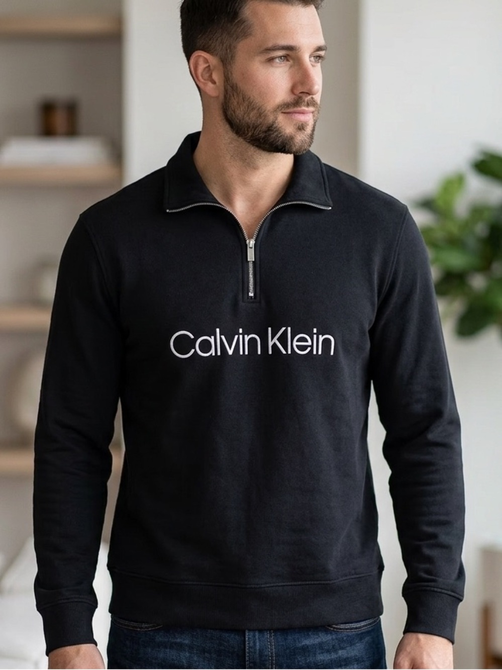 Men’s Calvin Klein large relax fit Black Pullover Half-Zip with White Logo 1497